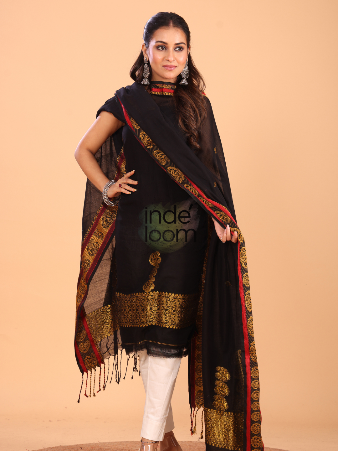 True Black Baluchari Linen 2-Piece Set Kurti & Dupatta (UNSTITCHED) - 093