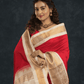 Pure handloom Korvai Silk Cotton Saree in Hot Red and Ivory White Border - 001
