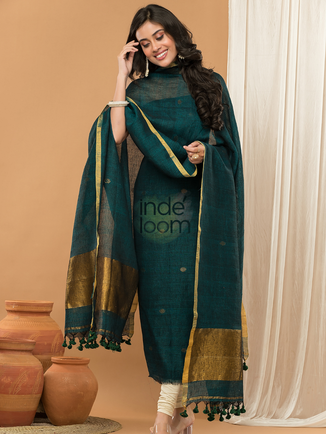 Green forest  color  with gold Jamdani 2-Piece Set Kurti & Dupatta (UNSTITCHED) - 159