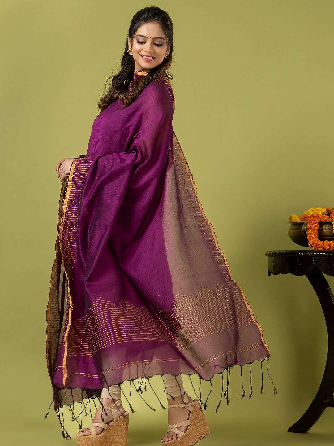 Handwoven Jamdani cotton Unstitched 2-piece Kurti | Deep Magenta Purple