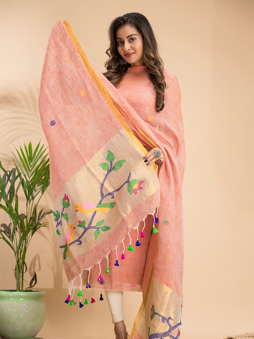 Coral Orange Linen X Linen 2-Piece Set Kurti & Dupatta (UNSTITCHED) - 109