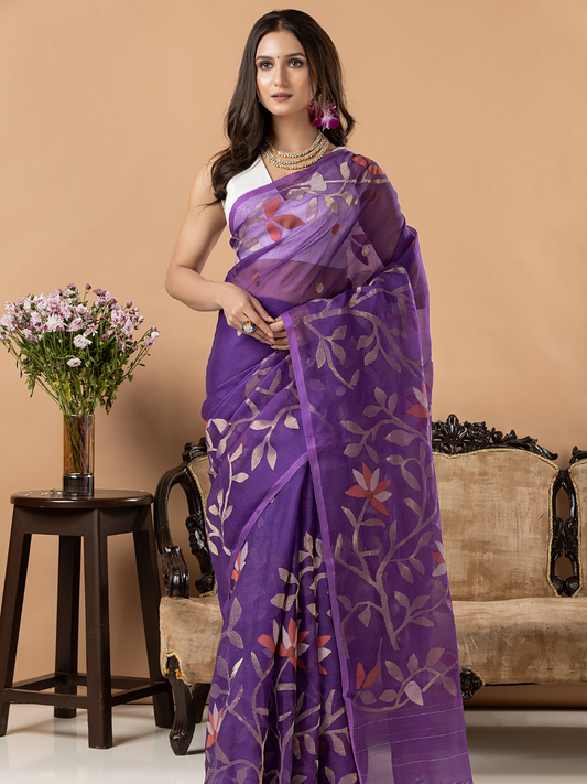 Handwoven Jamdani Muslin Saree | Lavender Purple
