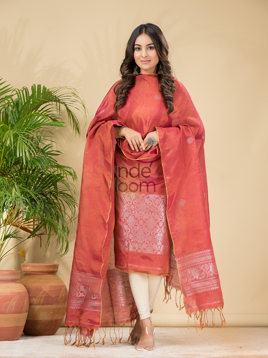 Apple Red Tissue Linen Silver Zari Jamdani 2-Piece Set Kurti & Dupatta (UNSTITCHED) - 880