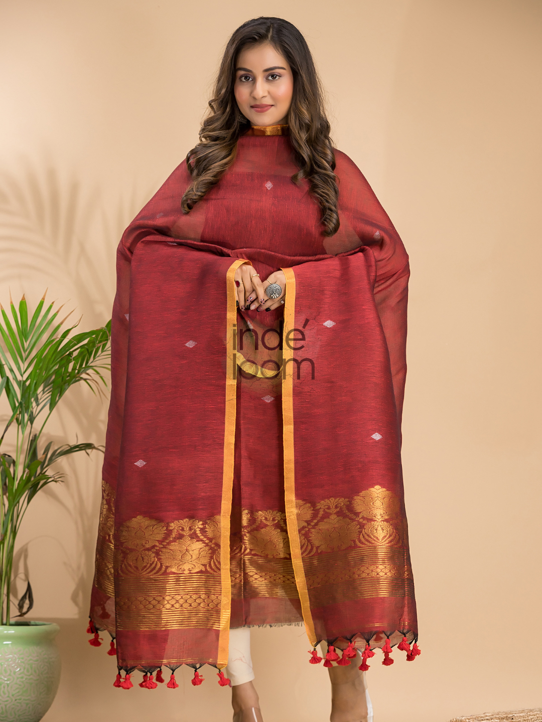 Cherry Red Cotton Linen 2-Piece Set Kurti & Dupatta (UNSTITCHED) - 023