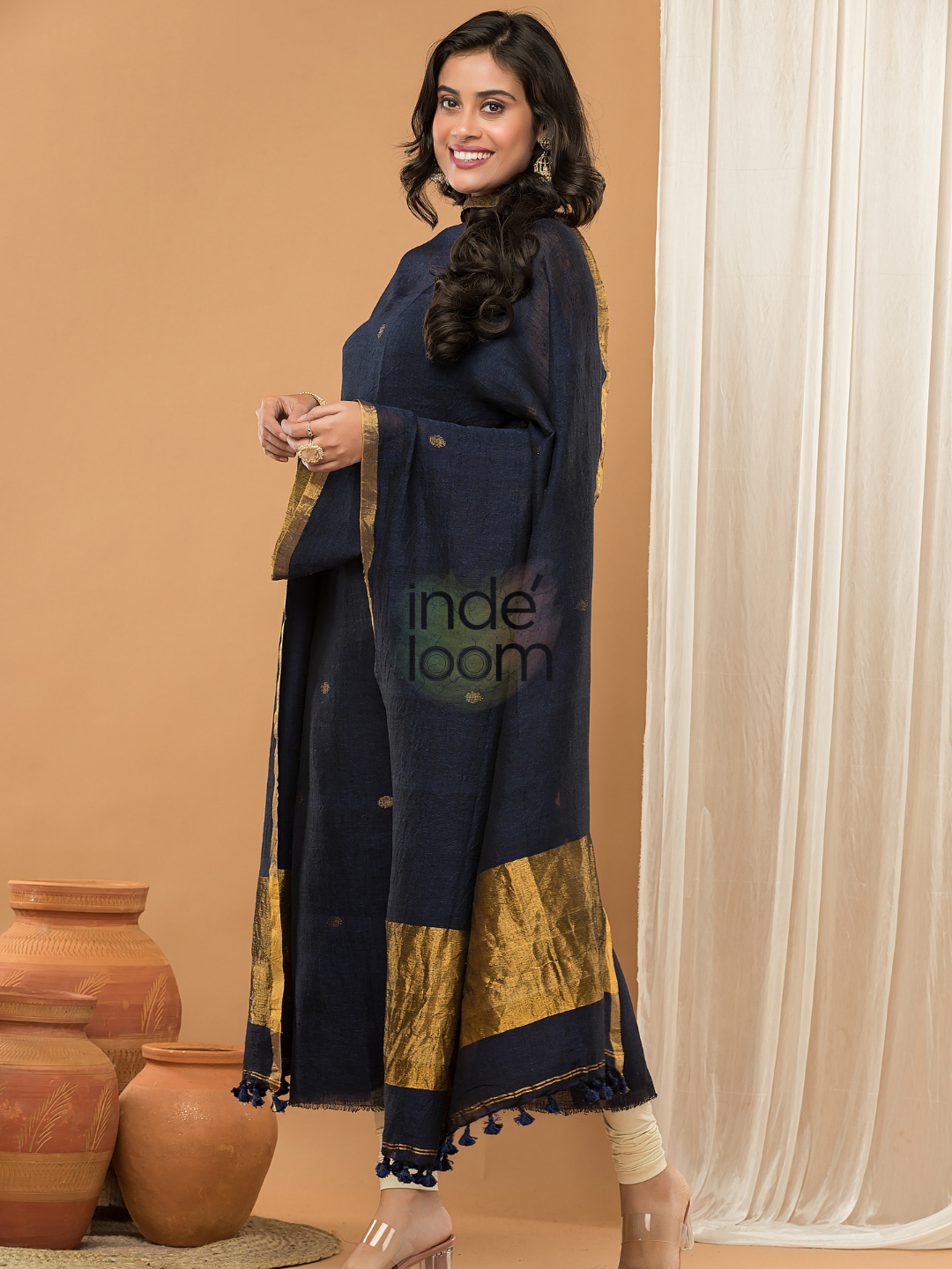 Linen Jamdani Unstitched 2-Piece Kurti  |  Midnight Blue