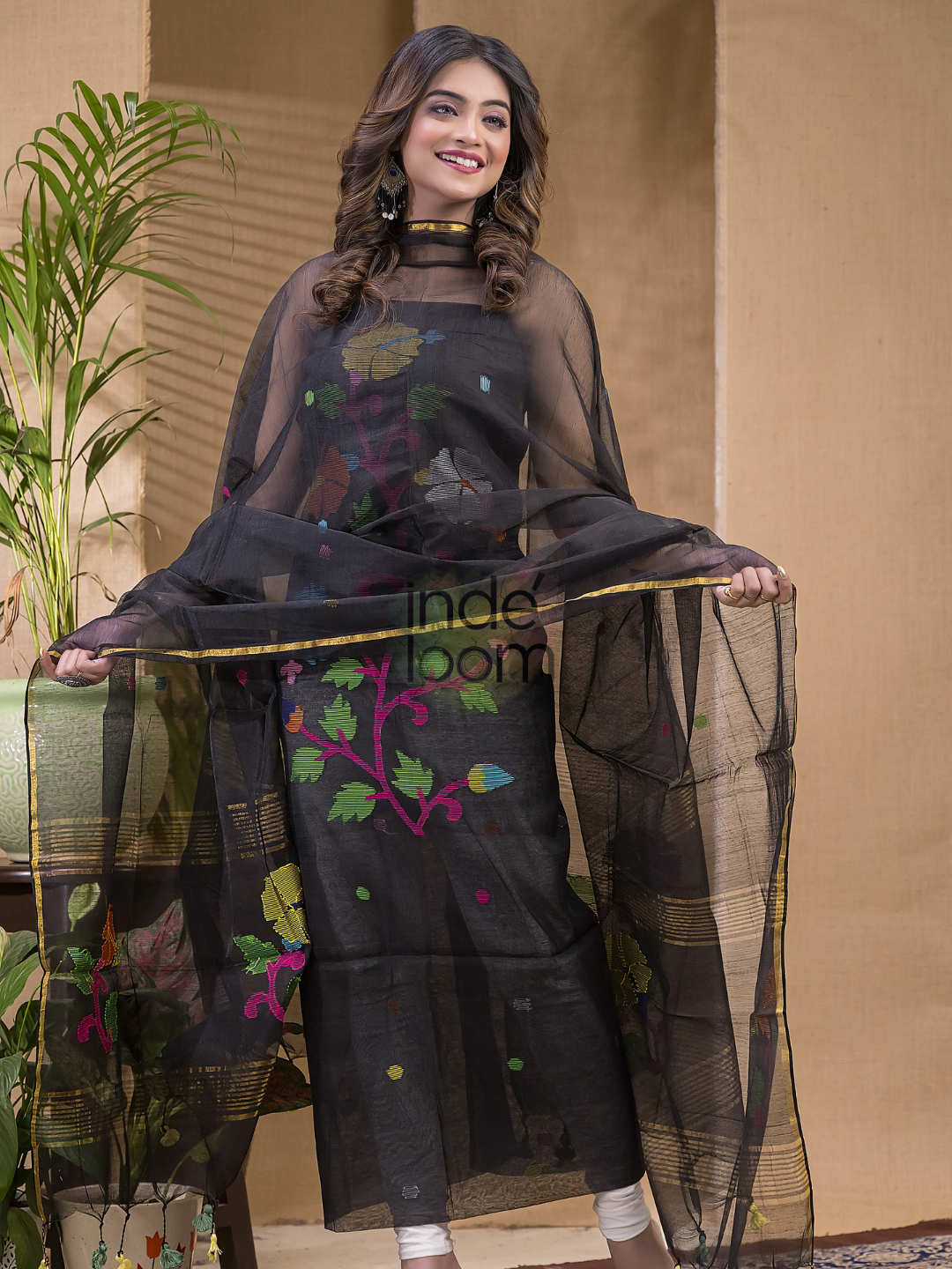 Off Black Jamdani 2-Piece Set Kurti & Dupatta (UNSTITCHED) -617