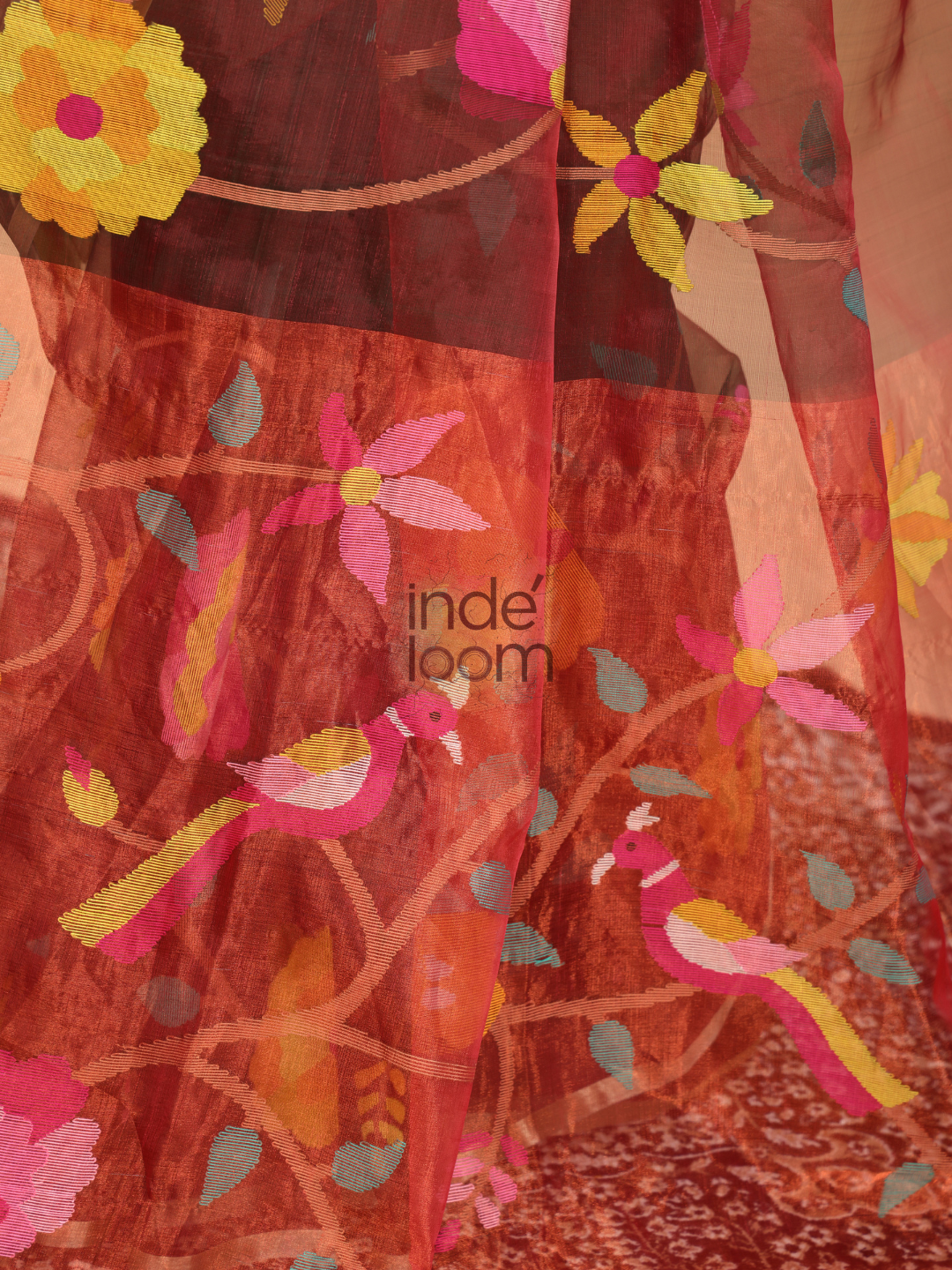 Muslin Jamdani Saree With Mahagany Red - 132