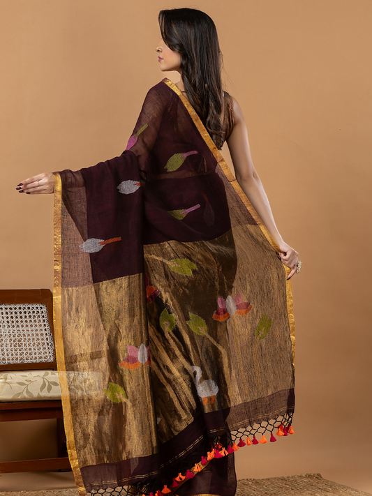 Handwoven Jamdani Linen Saree | Chocolate Brown