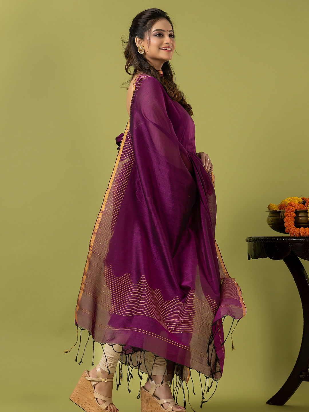 Handwoven Jamdani cotton Unstitched 2-piece Kurti | Deep Magenta Purple