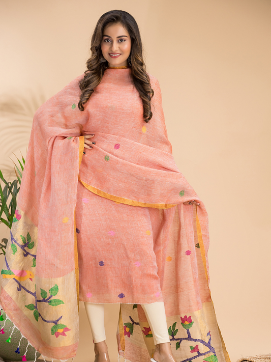 Handwoven Jamdani Linen Unstitched 2-piece Kurti  |  Tomato Red