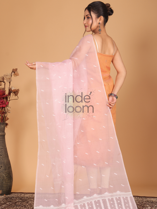 Pure Handloom Muslin Jamdani Dupatta With Pastel Pink  - 034