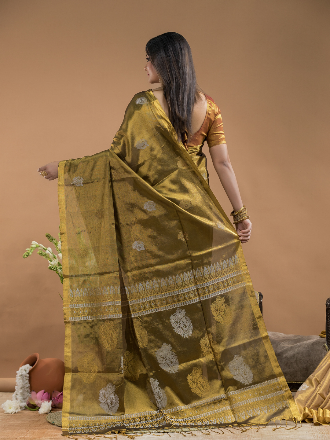 Tissue Silk Saree Shaded Golden Brown With Green Border - 028