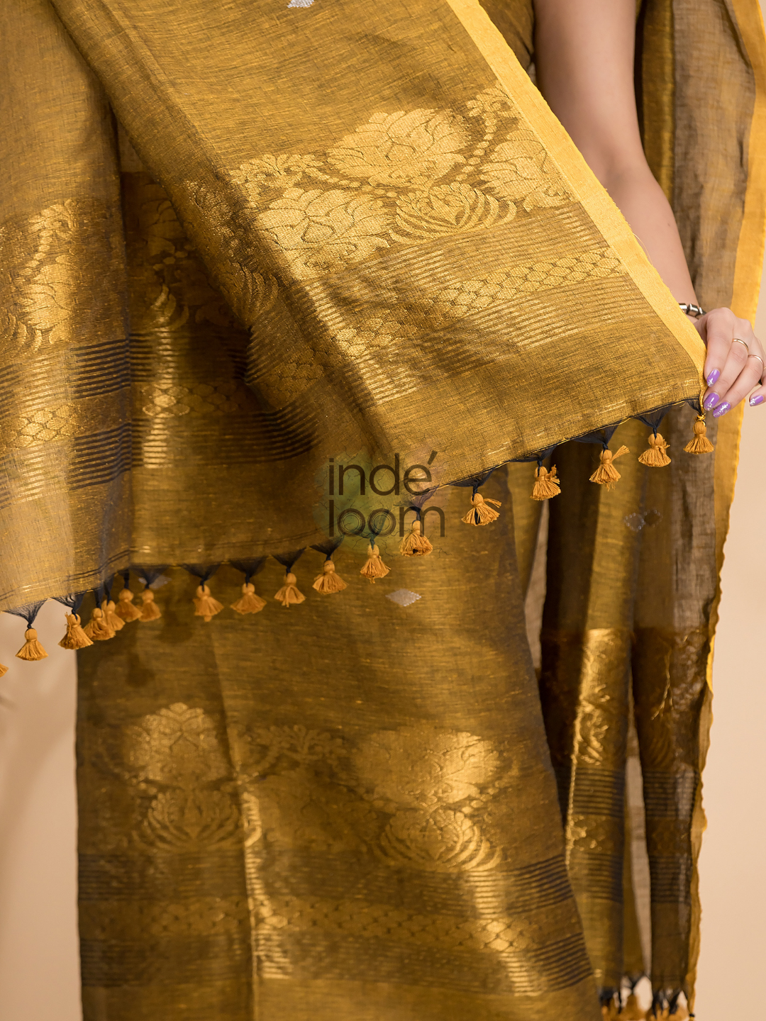 Antique Olive | Handloom Jamdani Linen Unstitched 2-Piece Kurti | Benaras Design