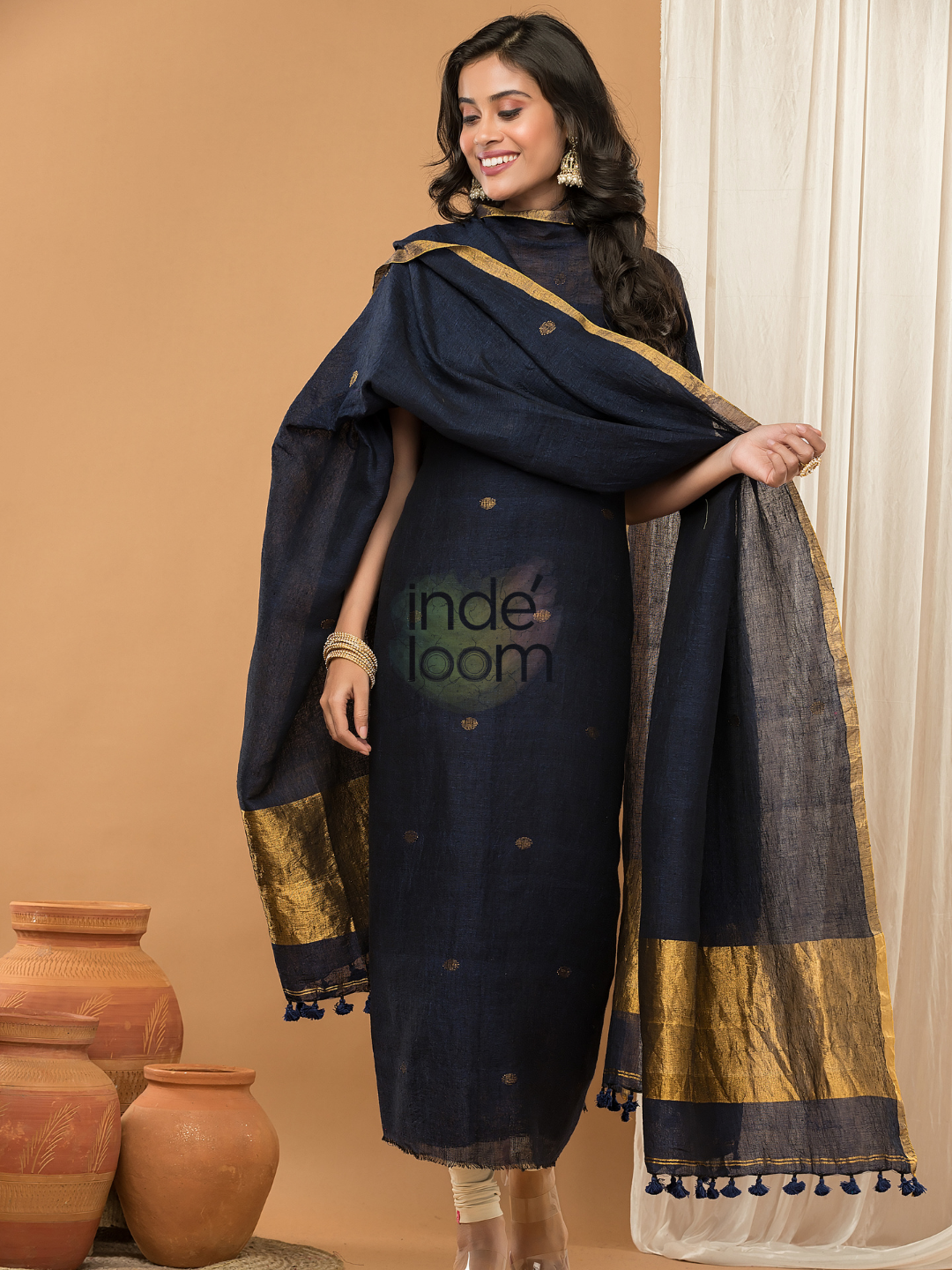 Linen Jamdani Unstitched 2-Piece Kurti  |  Midnight Blue