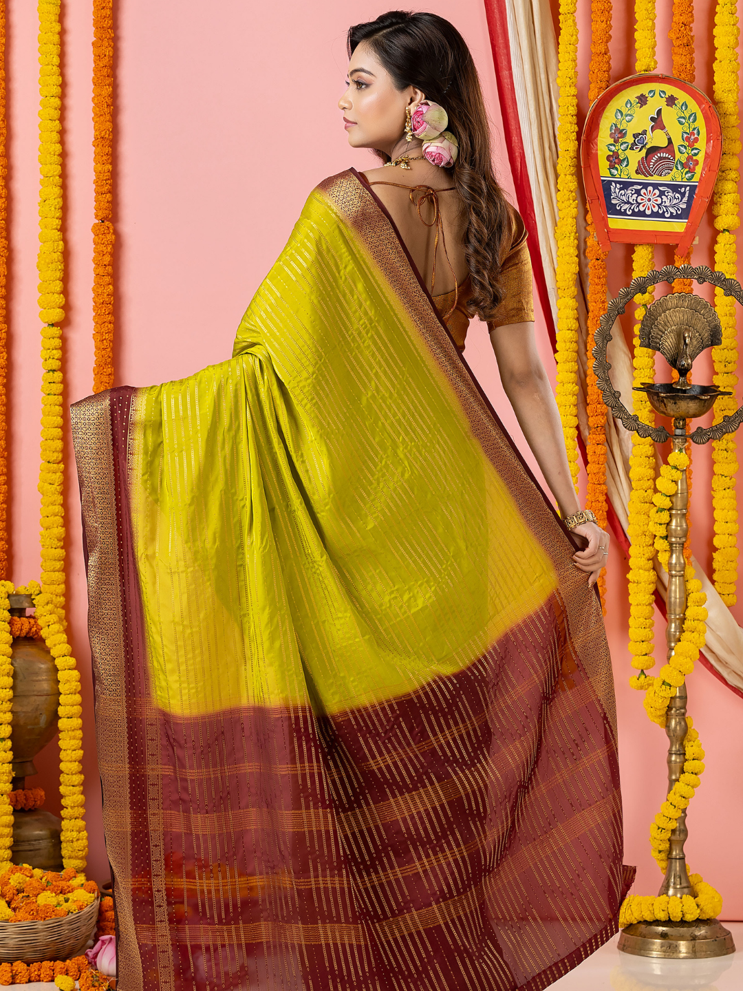 Classic Mysore Semi Silk Saree | Lime Olive Green
