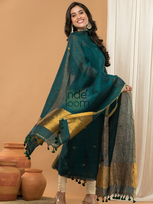 Green forest  color  with gold Jamdani 2-Piece Set Kurti & Dupatta (UNSTITCHED) - 159
