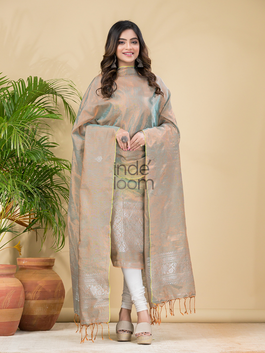 Light Brown Tissue Linen Silver Zari Jamdani 2-Piece Set Kurti & Dupatta (UNSTITCHED) - 881