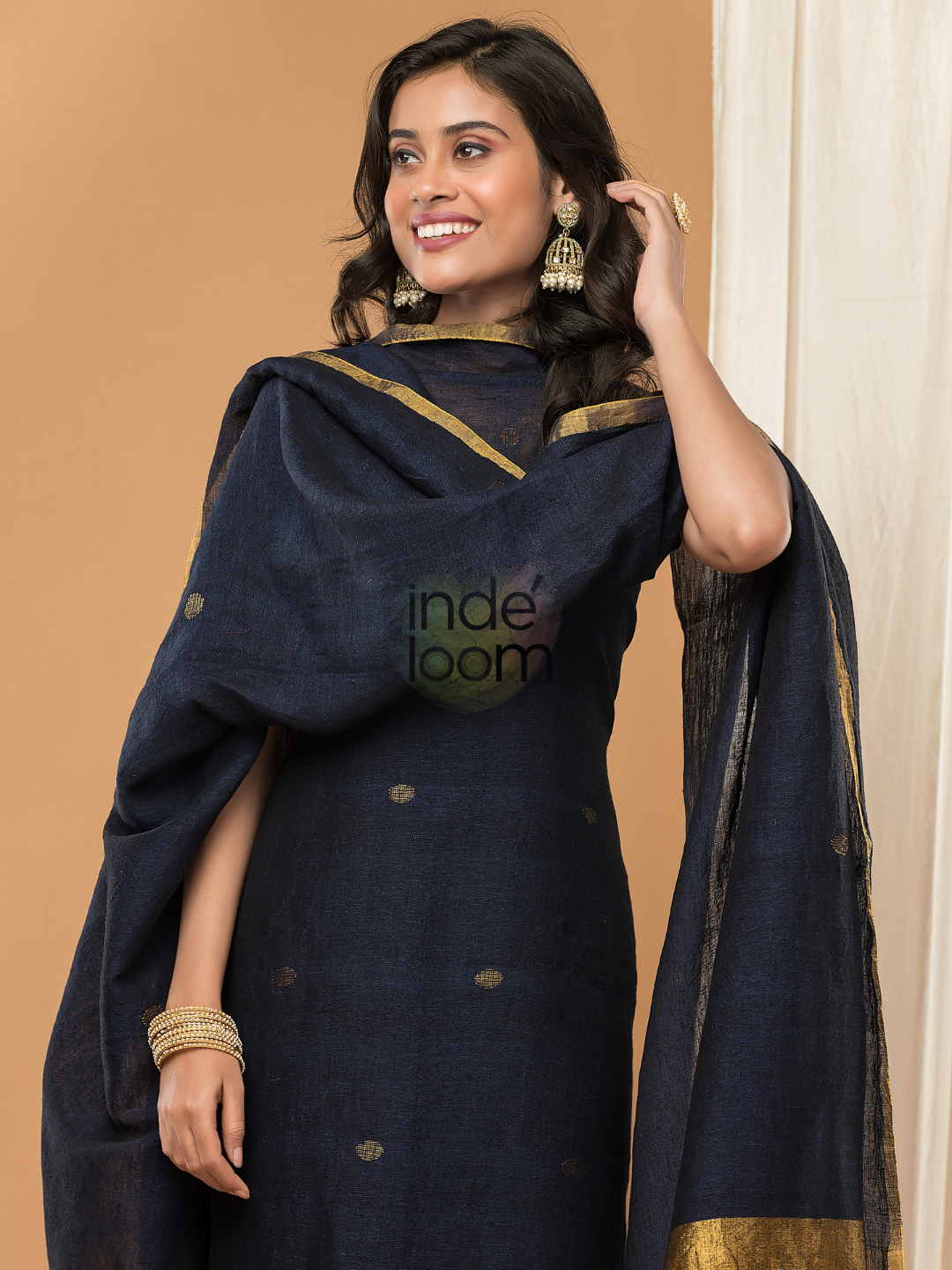 Linen Jamdani Unstitched 2-Piece Kurti  |  Midnight Blue