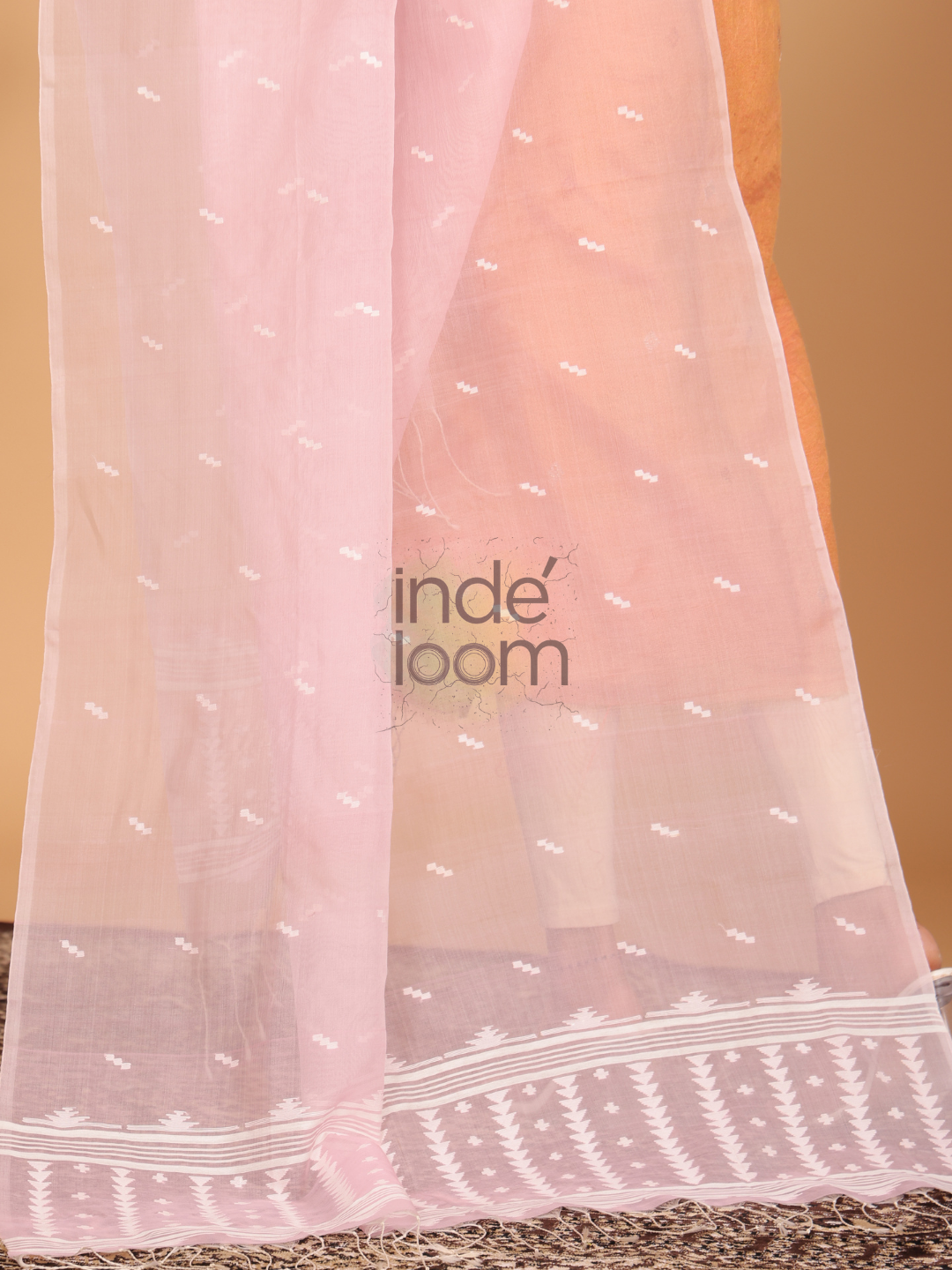 Pure Handloom Muslin Jamdani Dupatta With Pastel Pink  - 034