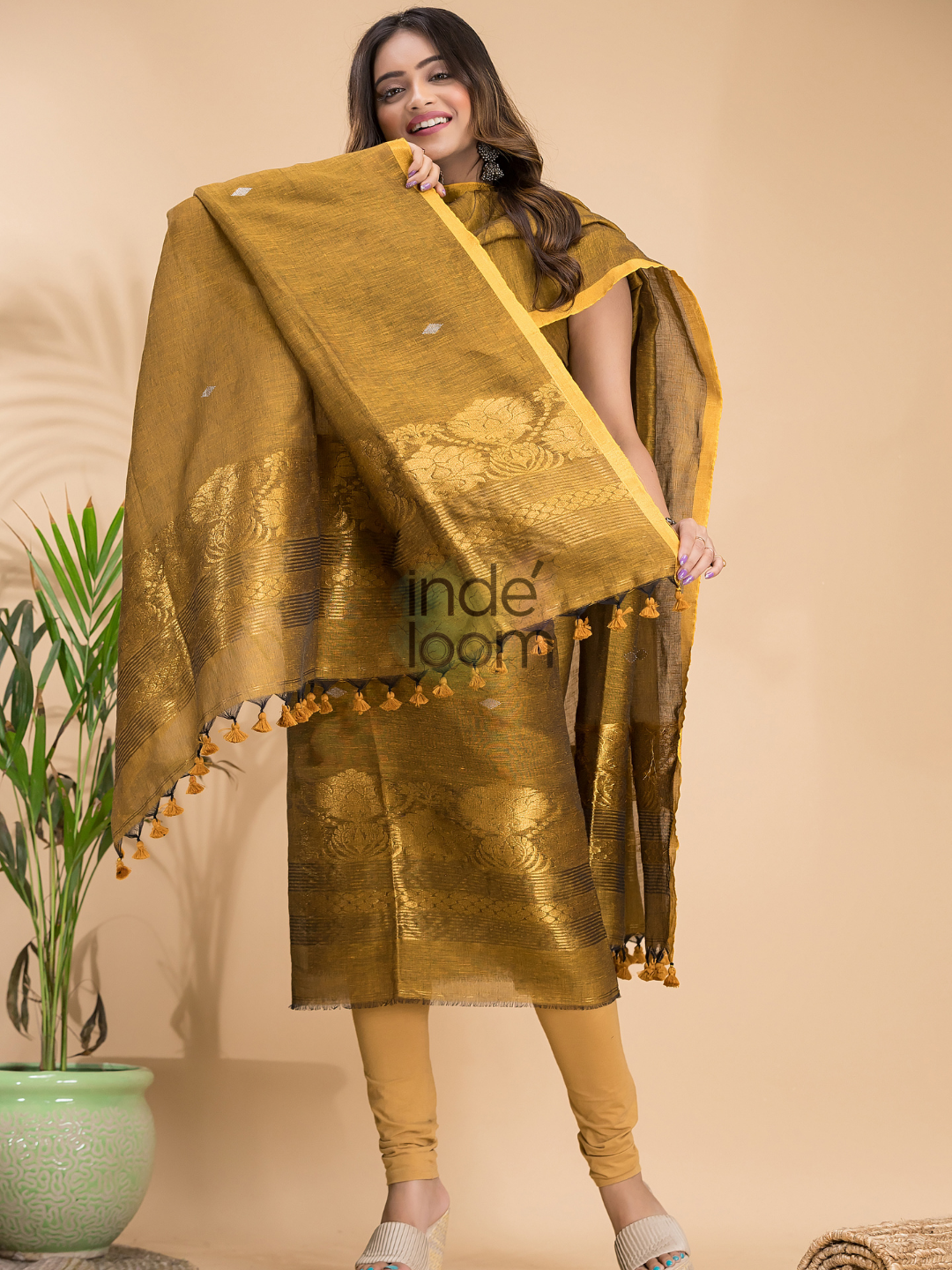 Antique Olive | Handloom Jamdani Linen Unstitched 2-Piece Kurti | Benaras Design