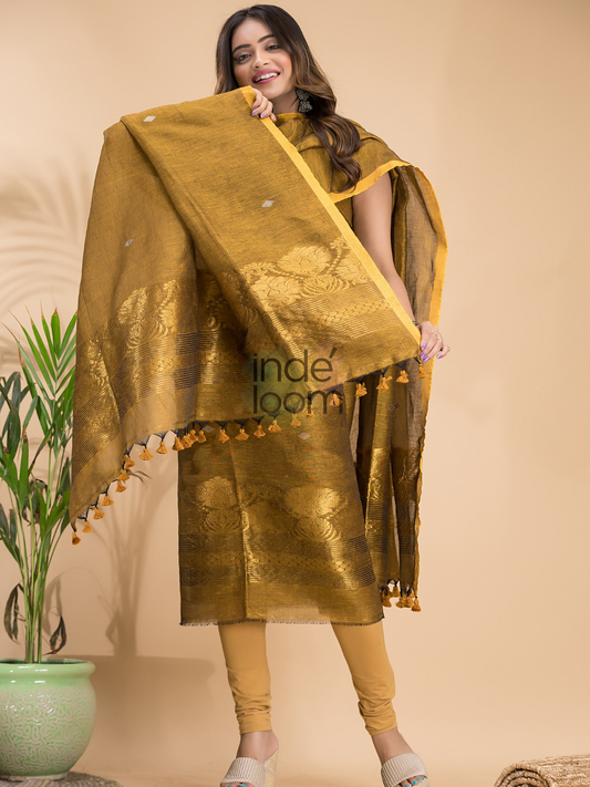 Olive Green Cotton Linen 2-Piece Set Kurti & Dupatta (UNSTITCHED) - 024