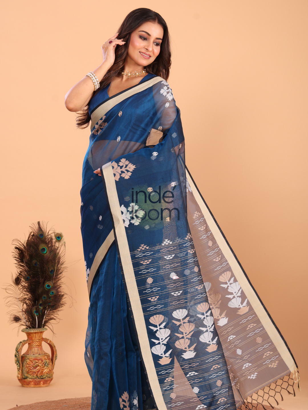 Silk Jamdani Saree With Navy Blue- 153