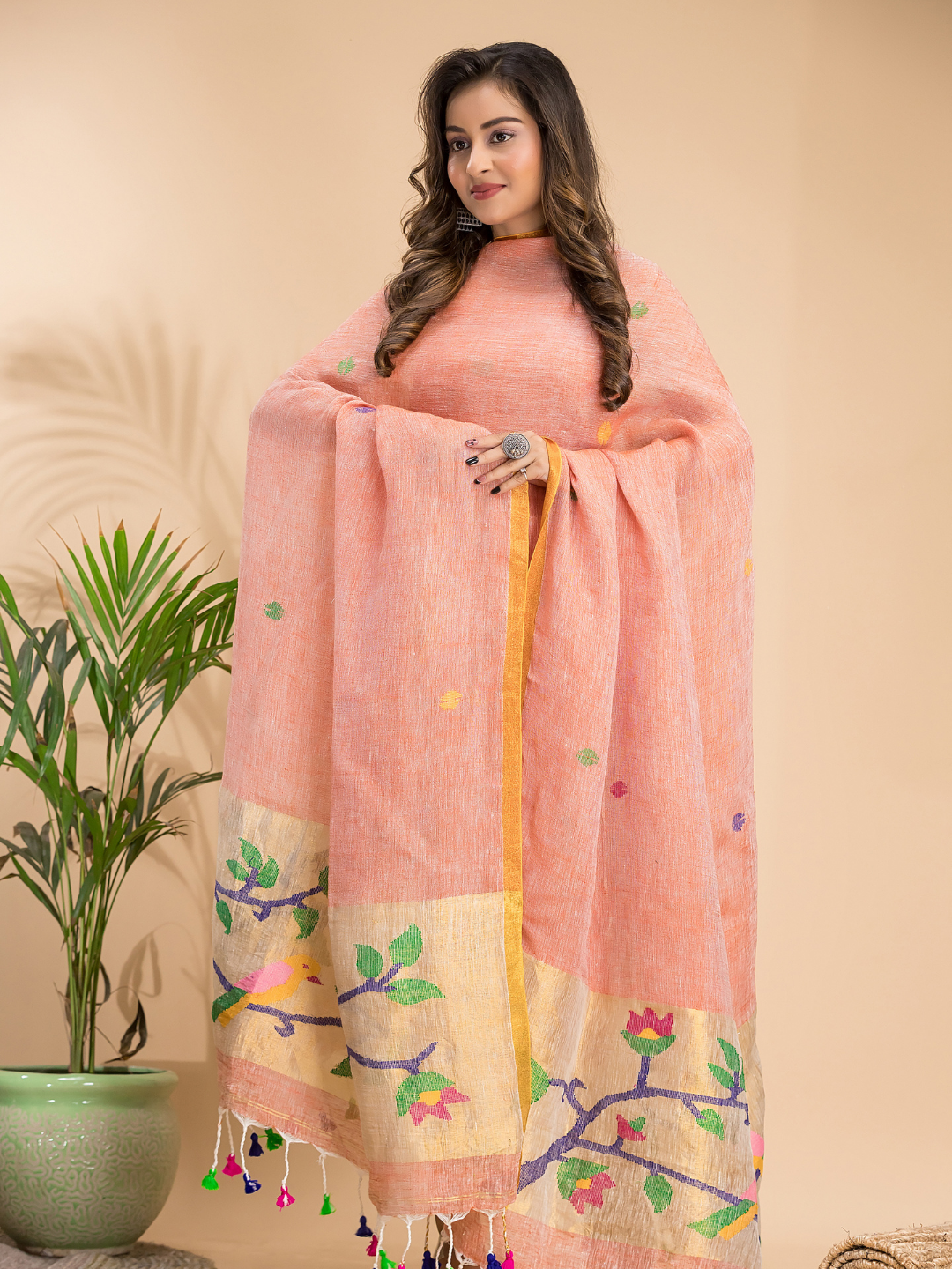 Coral Orange Linen X Linen 2-Piece Set Kurti & Dupatta (UNSTITCHED) - 109