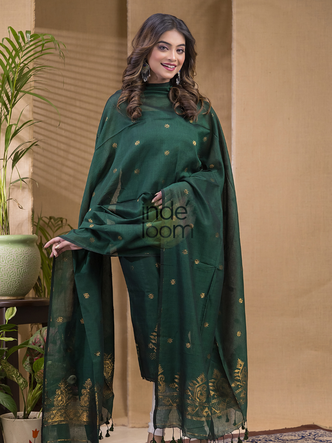Emerald Green Natural Dye Cotton by Cotton (100 Count Soft Cotton) 2 Piece Set Kurti & Dupatta (UNSTITCHED) -0650