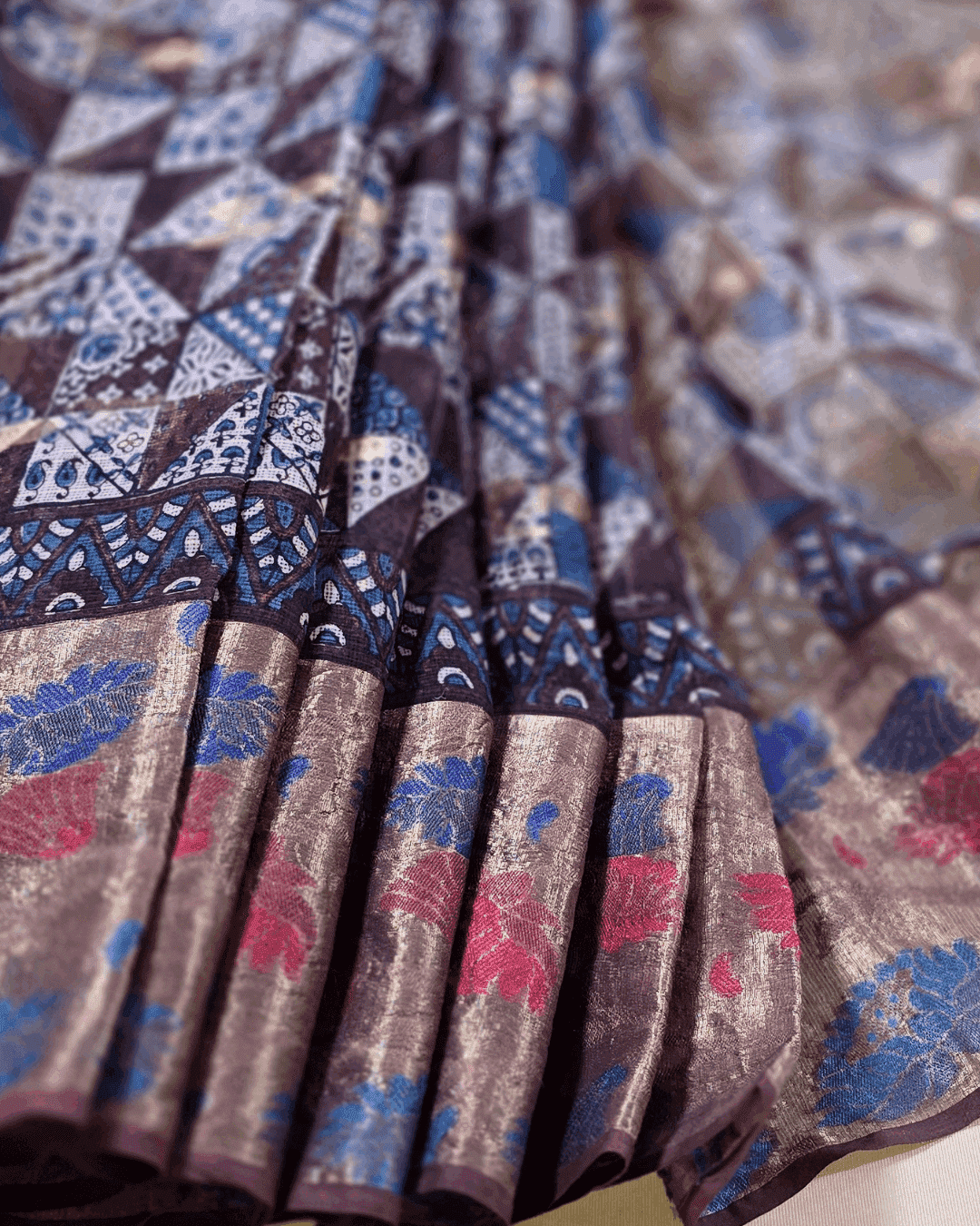 Ajrakh Exclusive designer Chanderi Saree with Floral Zari border - 029 - indeloom