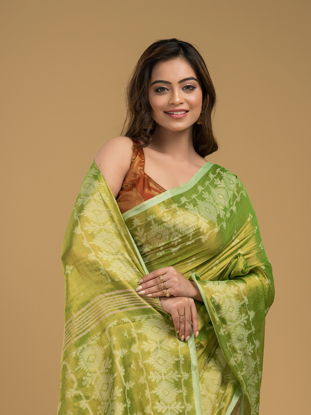 Tissue Silk Jamdani Saree Olive Green -043