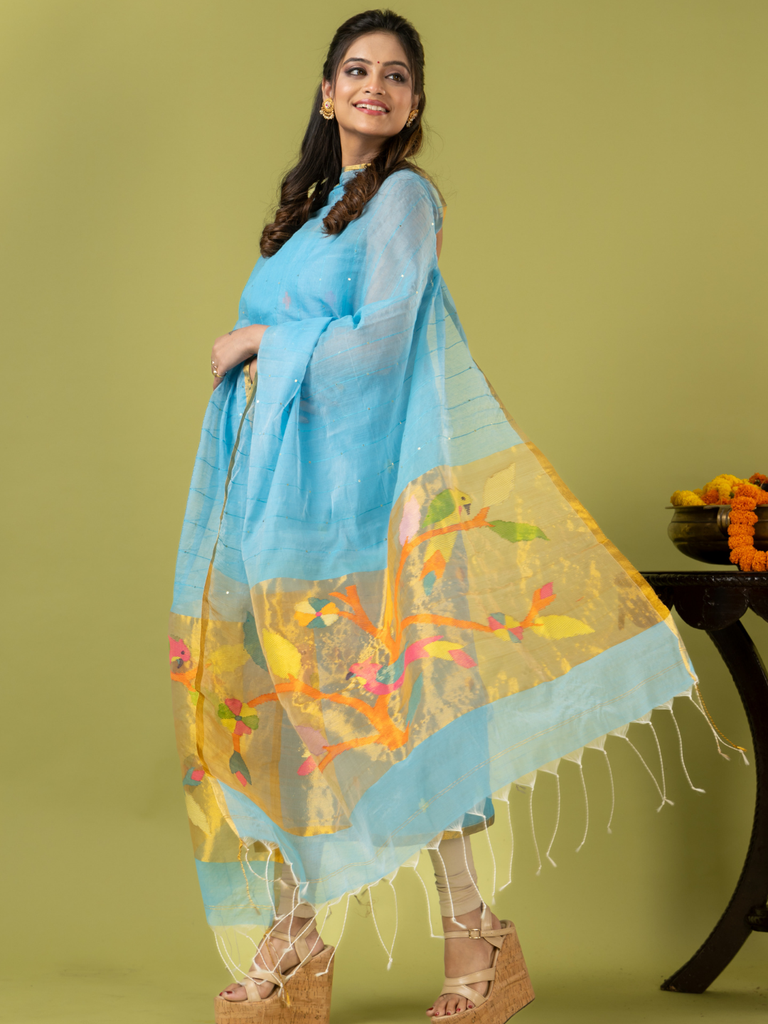 Handwoven Jamdani Muslin Unstitched 2-piece Kurti | Sky Blue