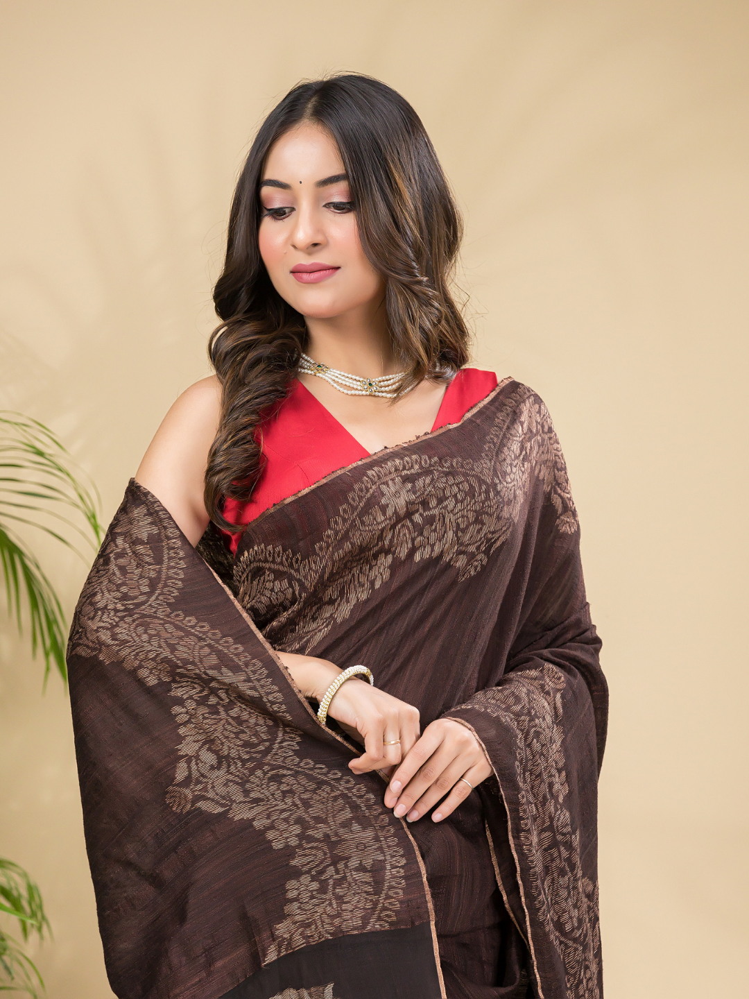 Matka Silk Jamdani Saree With Dark Brown - 022