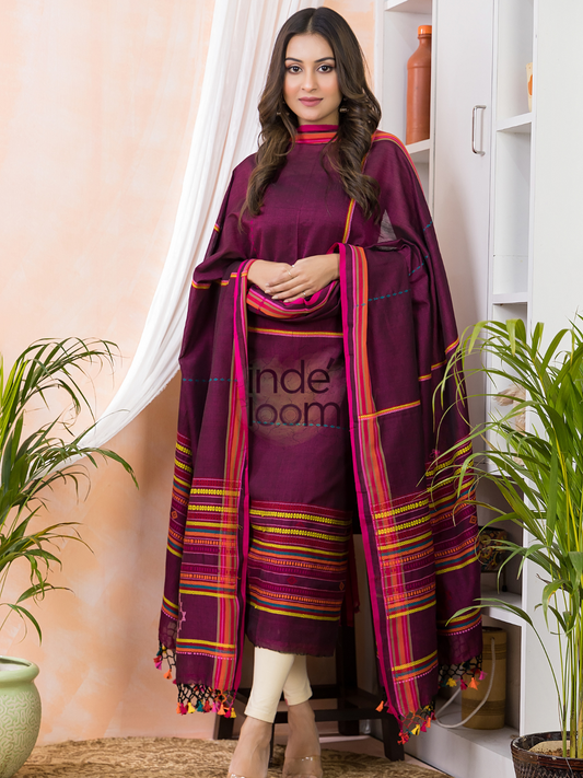 Deep Pink Cotton Jamdani 2-Piece Set Kurti & Dupatta (UNSTITCHED) - 970