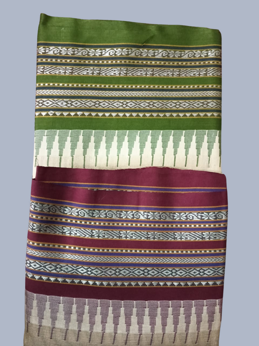 Jungle Green  Handloom Vidarbha Tussar Silk Saree with Multicolor Contrast Border -003