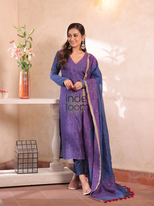 Handwoven Jamdani Linen Unstitched 2-piece Kurti  |  Royal Purple