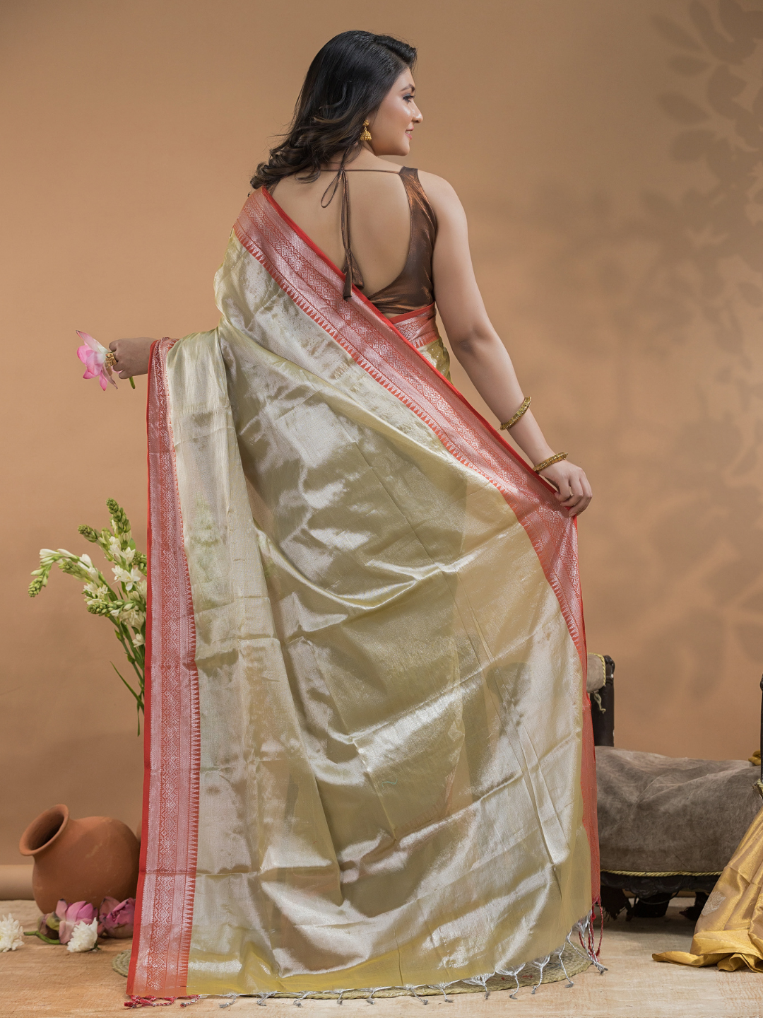 Tissue Silk Saree In Bone White and Red Border  - 023