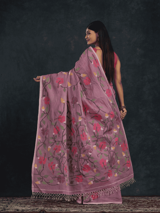 Hand Made Jamdani Saree With Pale Purple - 059