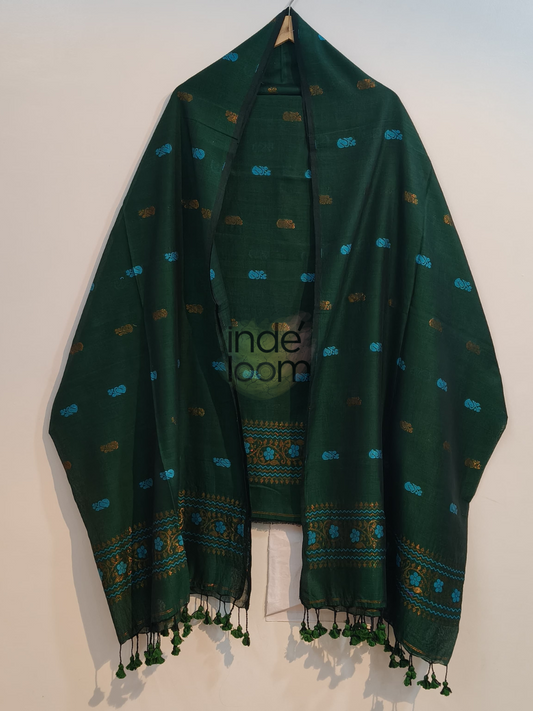 Forest Green  Cotton Jamdani 2-Piece Set Kurti & Dupatta (UNSTITCHED) -758