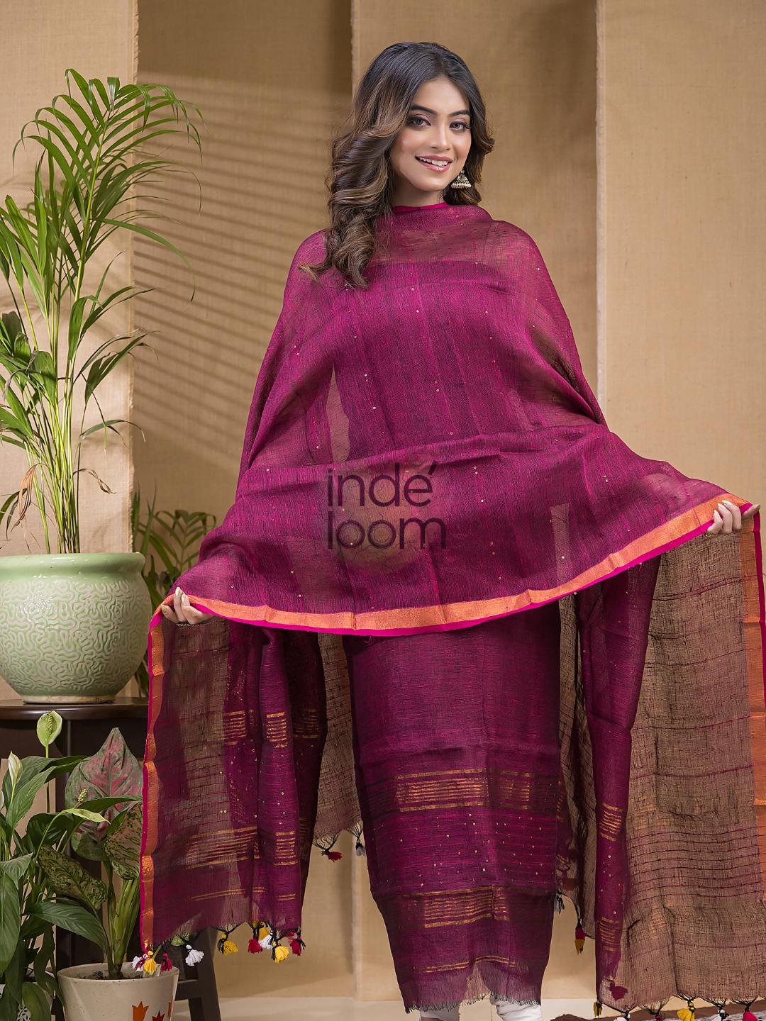 Peach Pink Pure Linen Sequin Suit 2 Piece Set Kurti & Dupatta (UNSTITCHED) -645
