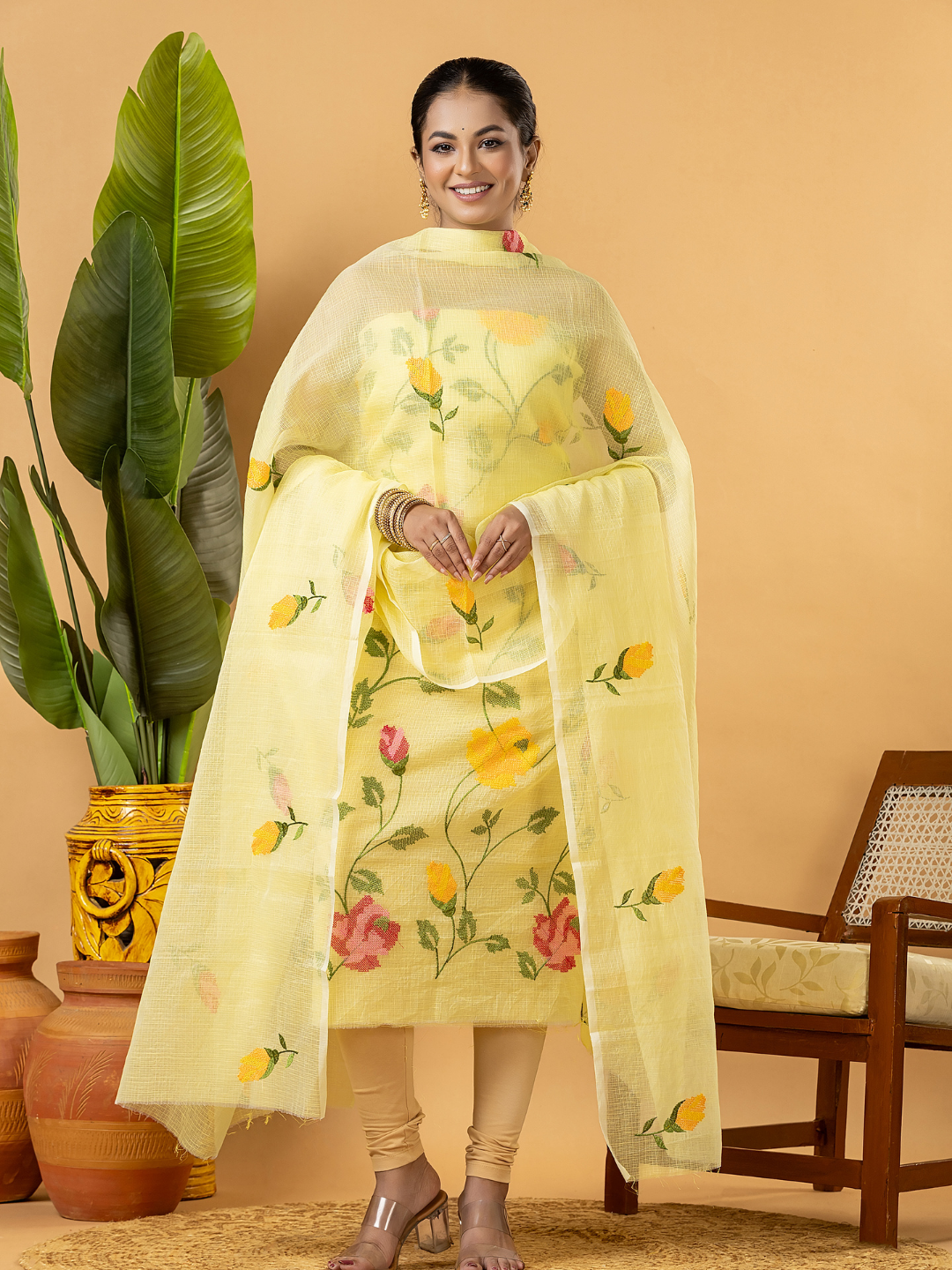 Classic Kota Doria Cotton Unstitched 2-Piece Kurti | Lemon Yellow