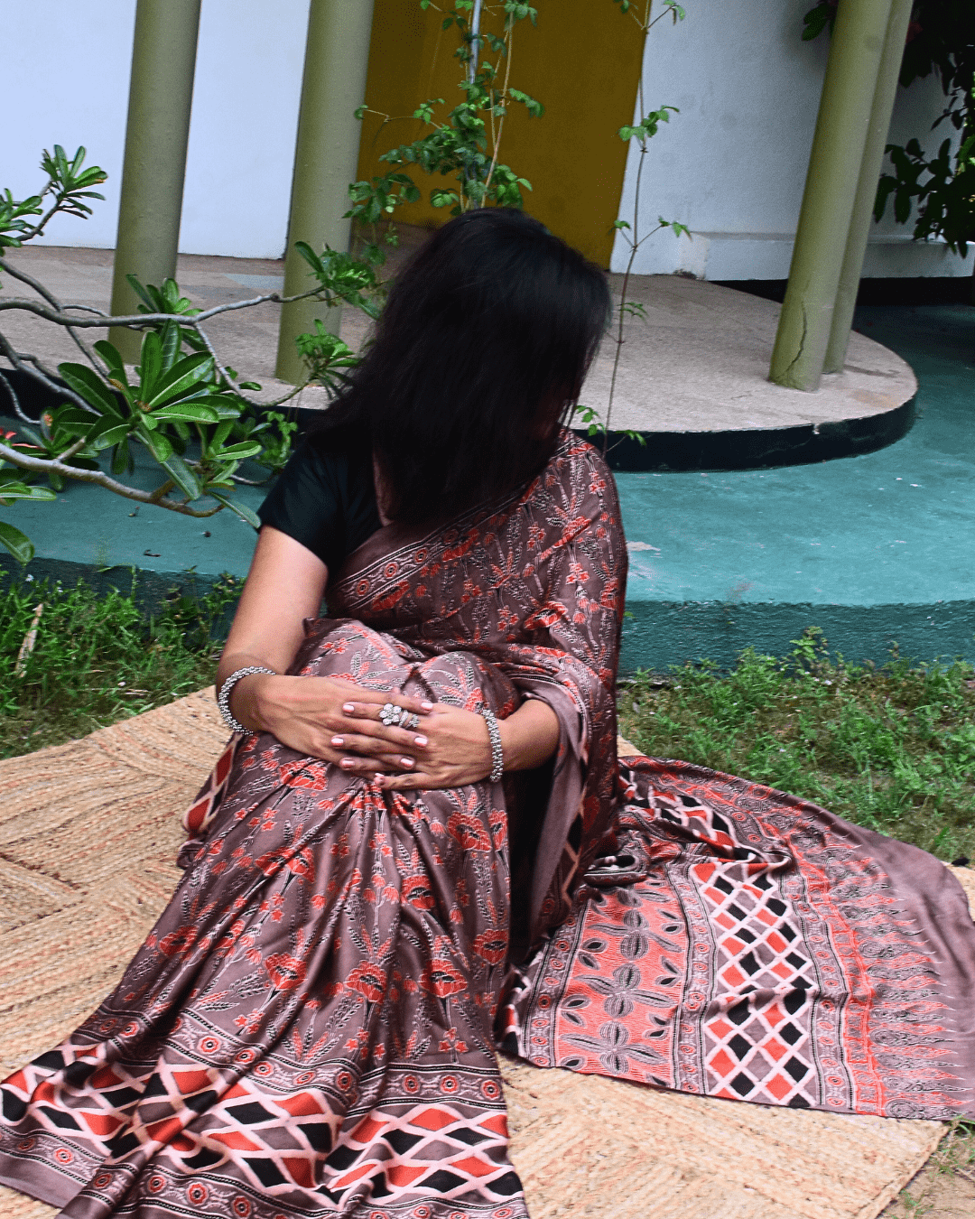 Ajrakh Exclusive Designer Modal Silk in Brick Red and Black - 027 - indeloom