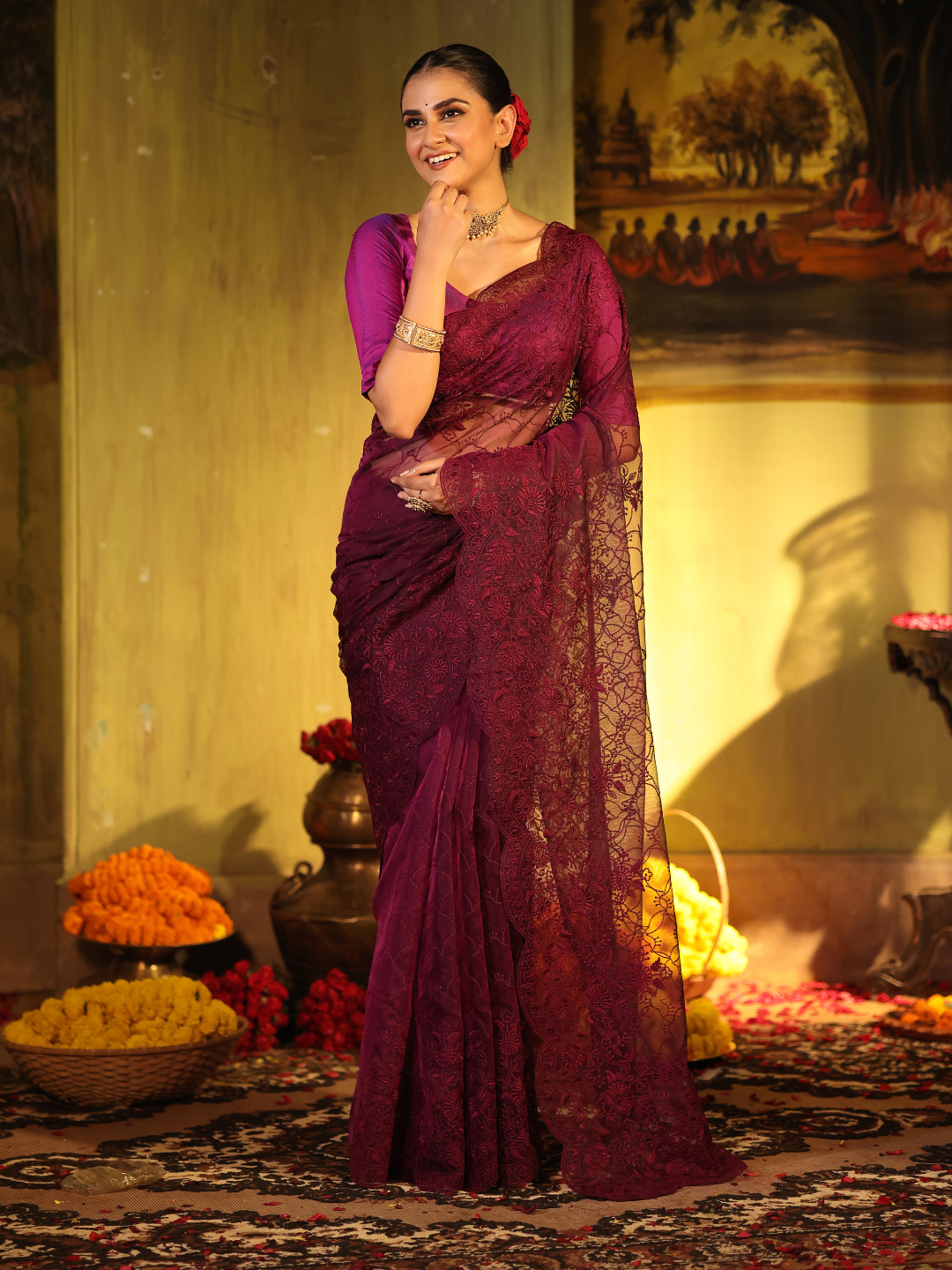 Organza Embroidery Saree With Magenta - 001