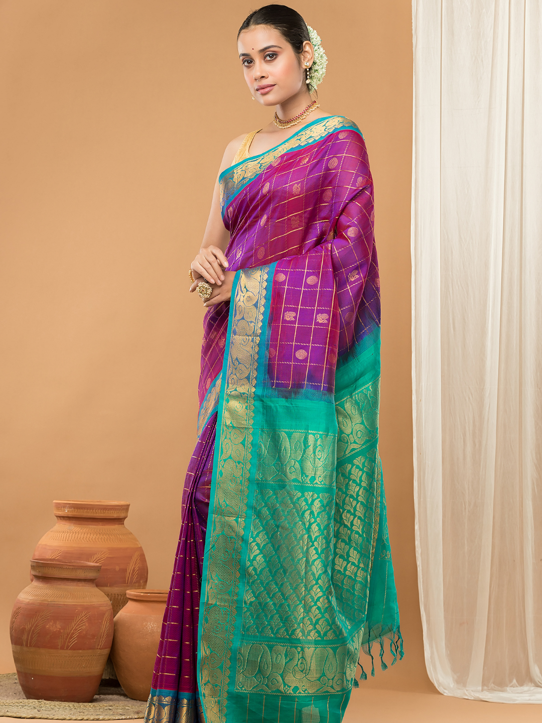 Pure Handloom Korvai Saree | Orchid Purple Cyan Blue