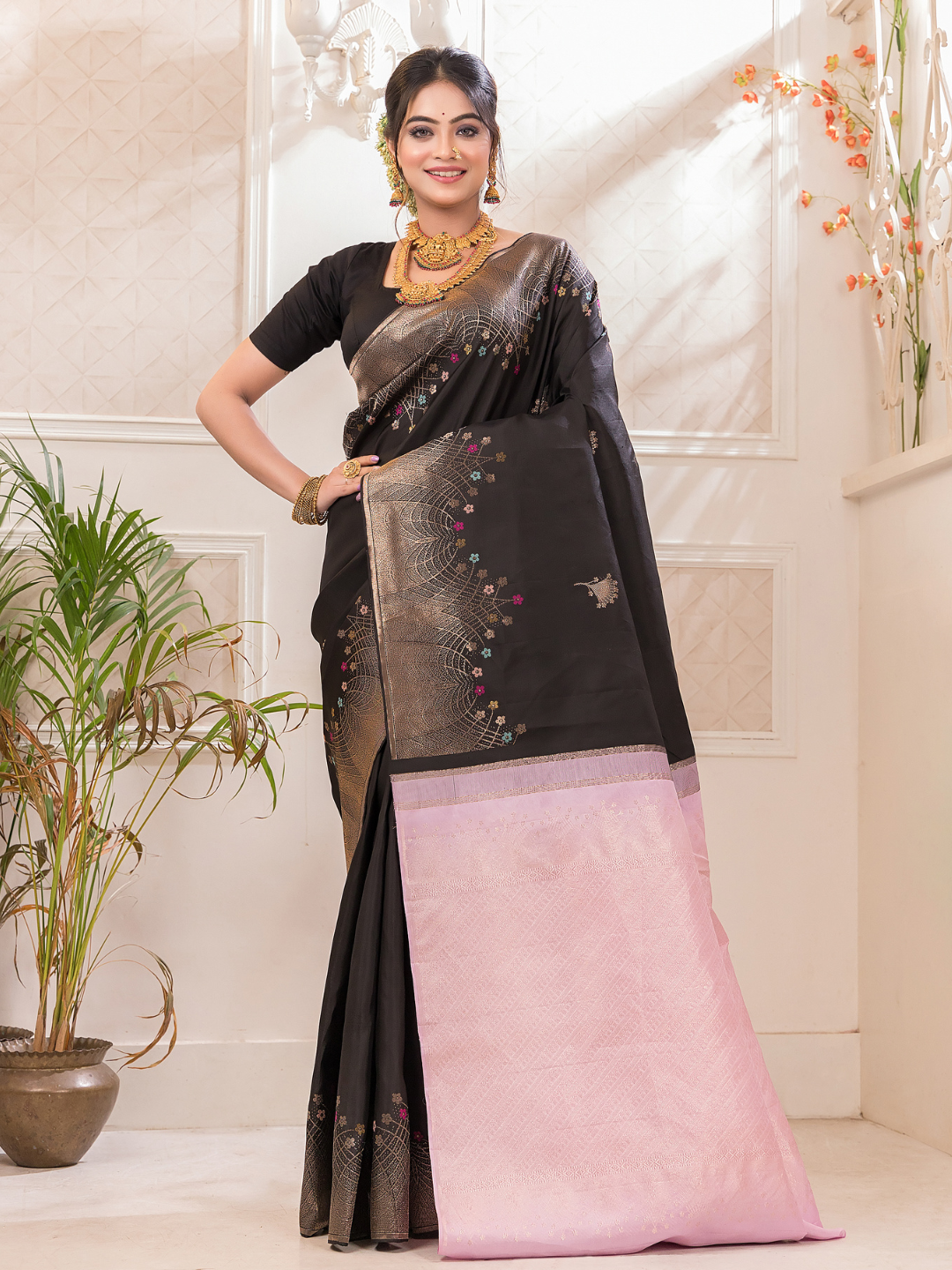 Off Black Pure Silk Mark Certified 1 Gram Gold Kanjeevaram Saree - 038