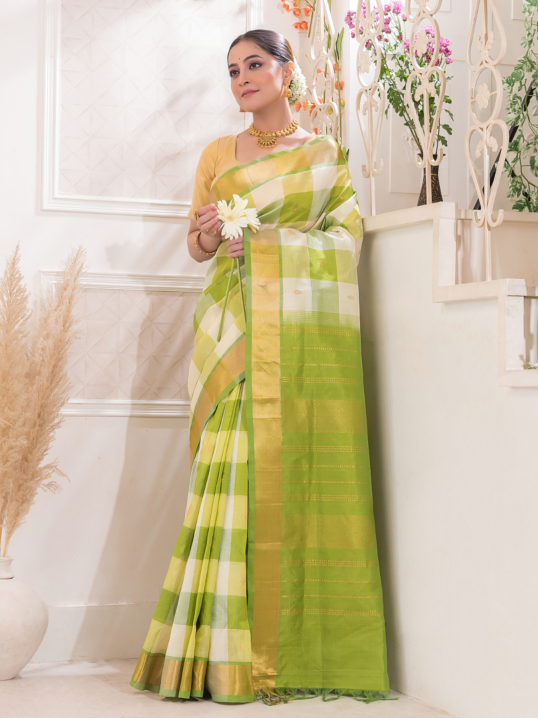 Pure Handloom Korvai Saree | Zari Checks | White and Green