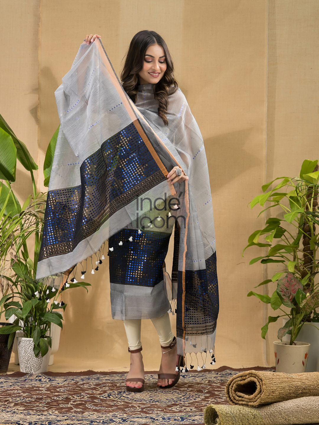 Pigeon Blue Sequin Jamdani 2-Piece Set Kurti & Dupatta (UNSTITCHED) -696