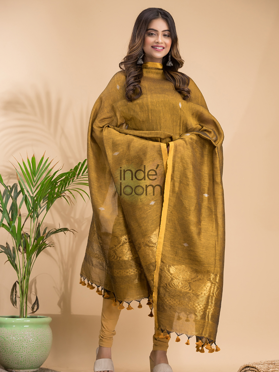 Antique Olive | Handloom Jamdani Linen Unstitched 2-Piece Kurti | Benaras Design