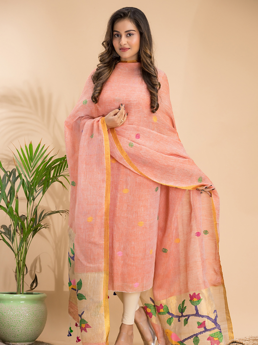 Coral Orange Linen X Linen 2-Piece Set Kurti & Dupatta (UNSTITCHED) - 109