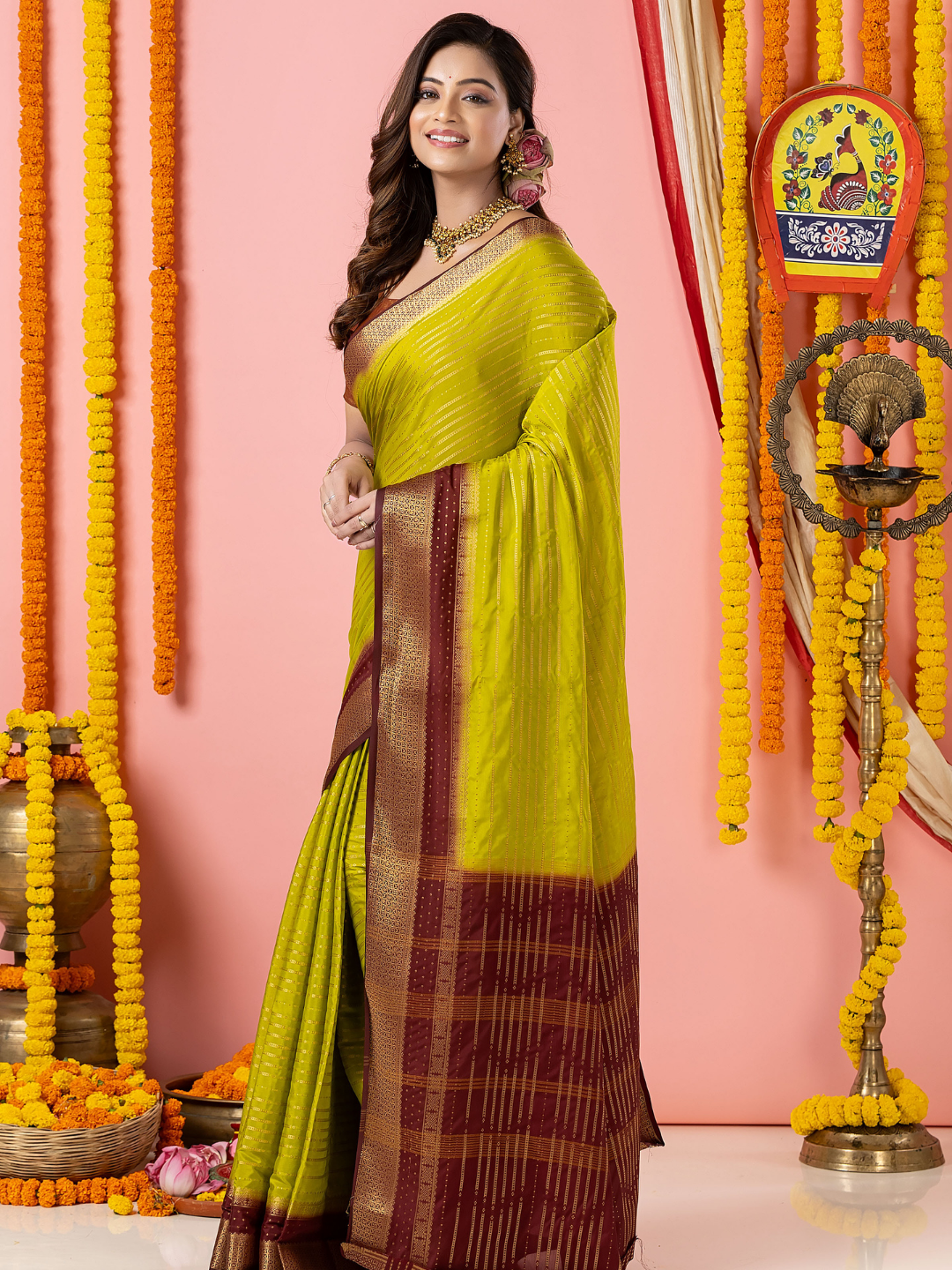 Classic Mysore Semi Silk Saree | Lime Olive Green