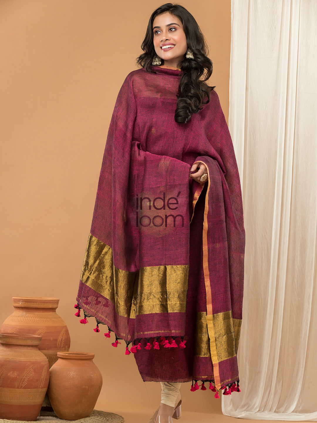 Linen Jamdani Unstitched 2-Piece Kurti  |  Wine Red